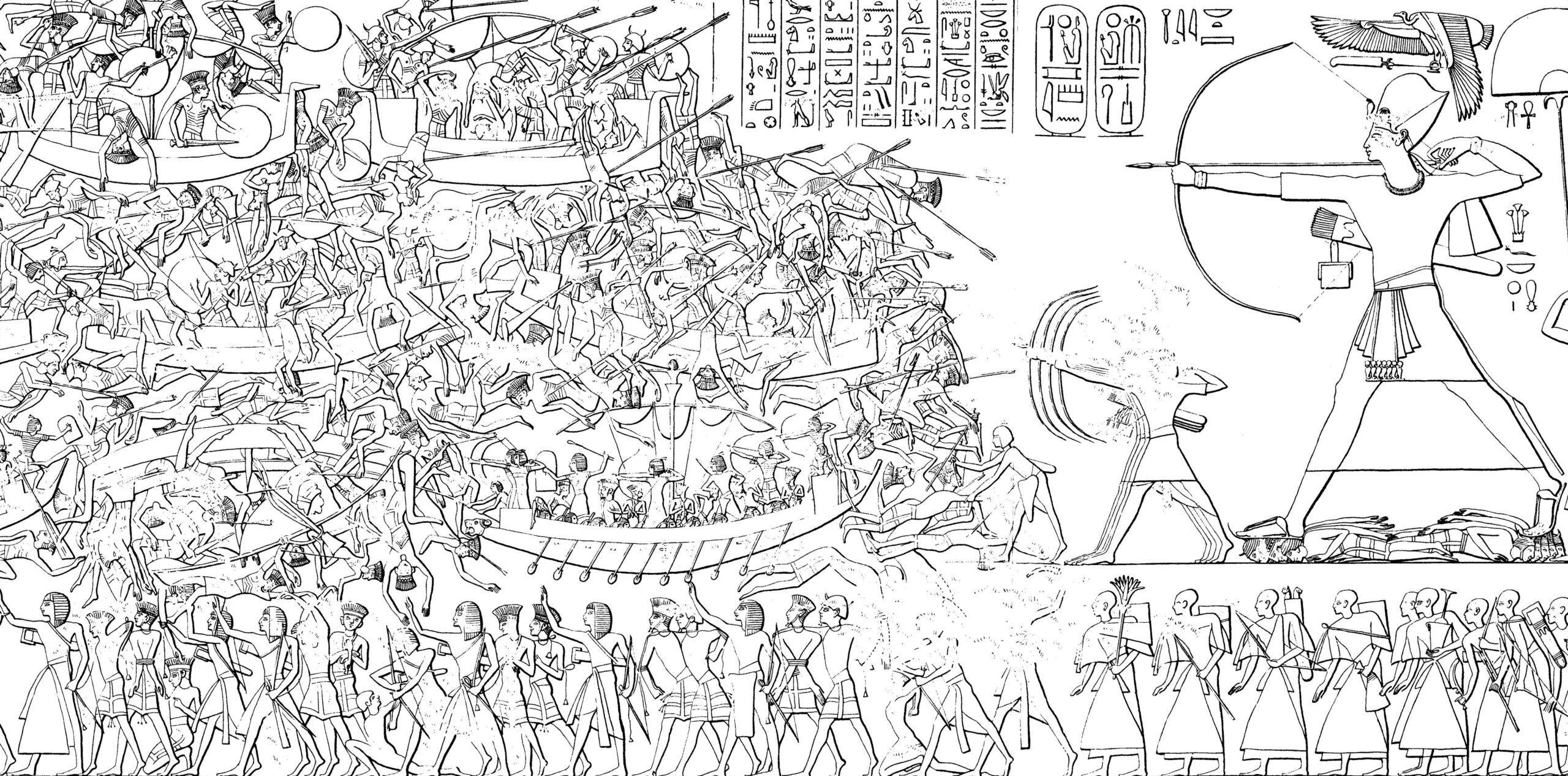 لوحة المعركة البحرية على جدار معبد رمسيس الثالث المعروف باسم مدينة هابو